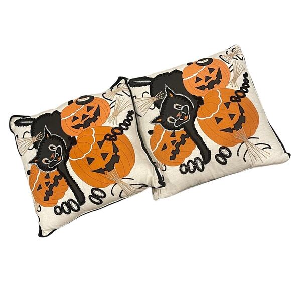 Nicole Miller Halloween Cat Pumpkin Accent Throw Pillows Set Embroidered Beaded - Picture 2 of 8